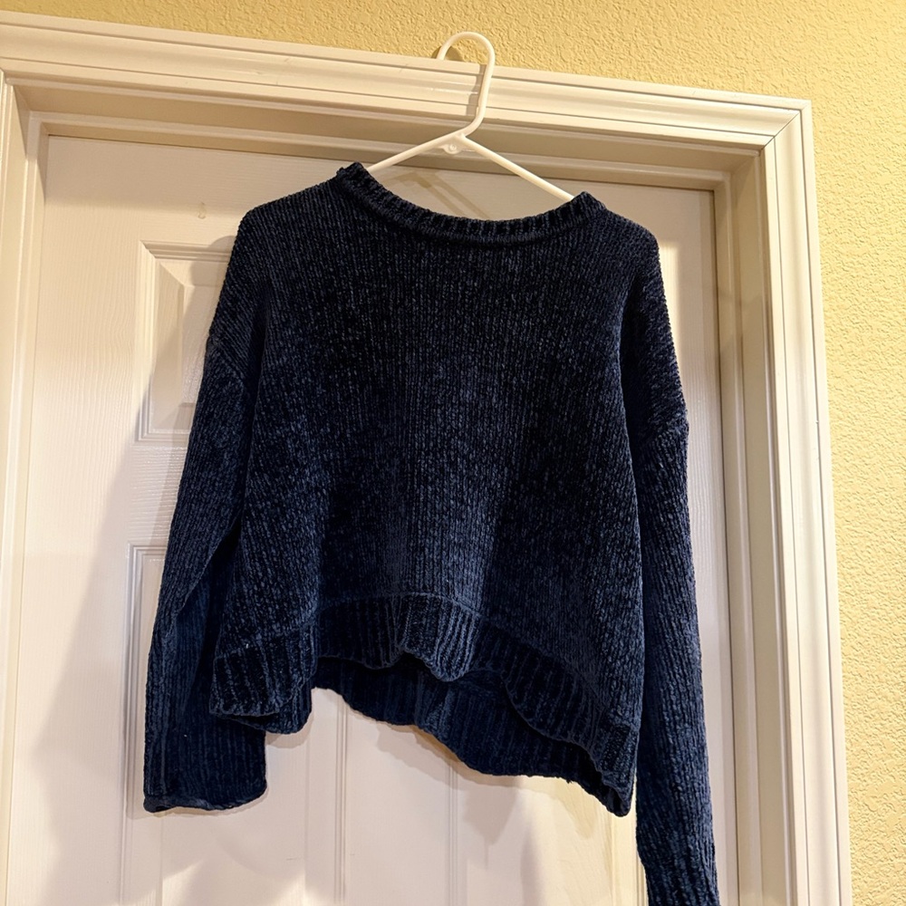 Zara Navy Blue Women's Chennile Crew Neck Sweater